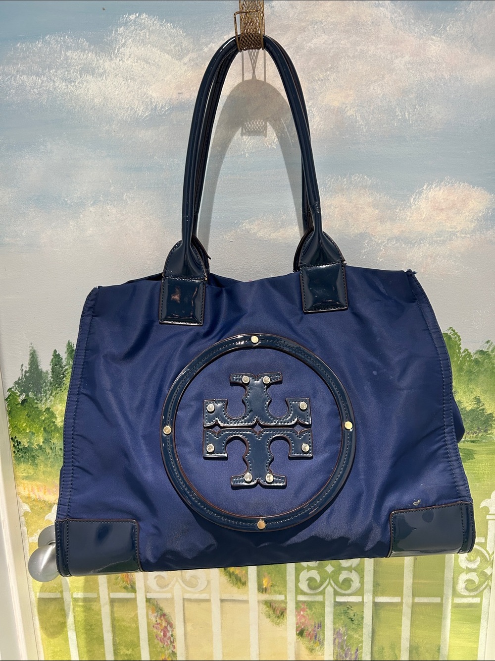 Vintage Tory Burch Navy Ella Nylon Logo Tote Bag - Early Gen Atwood Hardware.